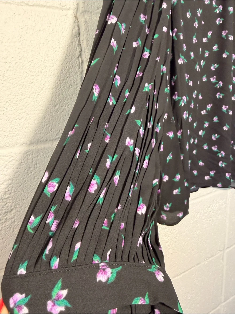 J. Crew Black Floral Pleated-Sleeve Blouse